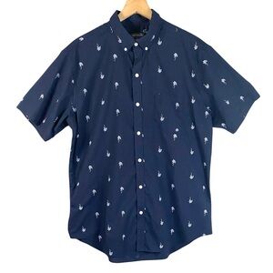 Van Heusen Navy Blue Palm Tree Print Short Sleeve Casual Button Down Size Large